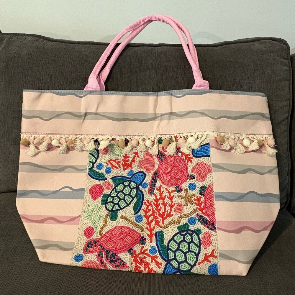Pink Turtle Beach Tote Bag with Tassel Trim